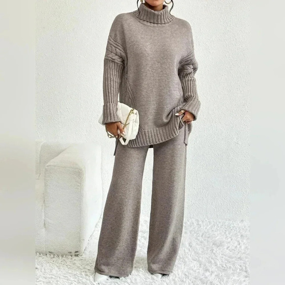 Turtleneck Drop Shoulder Split Hem Sweater & Knit Pants - Picture 1 of 8